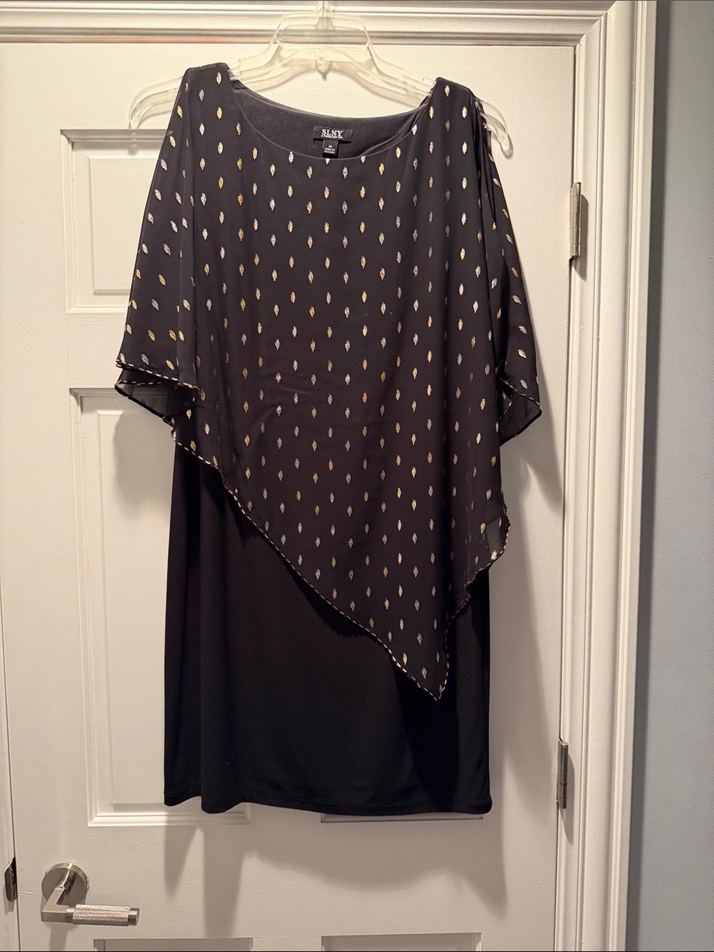 SLNY Black Midi Dress with Gold Dot Overlay Cape